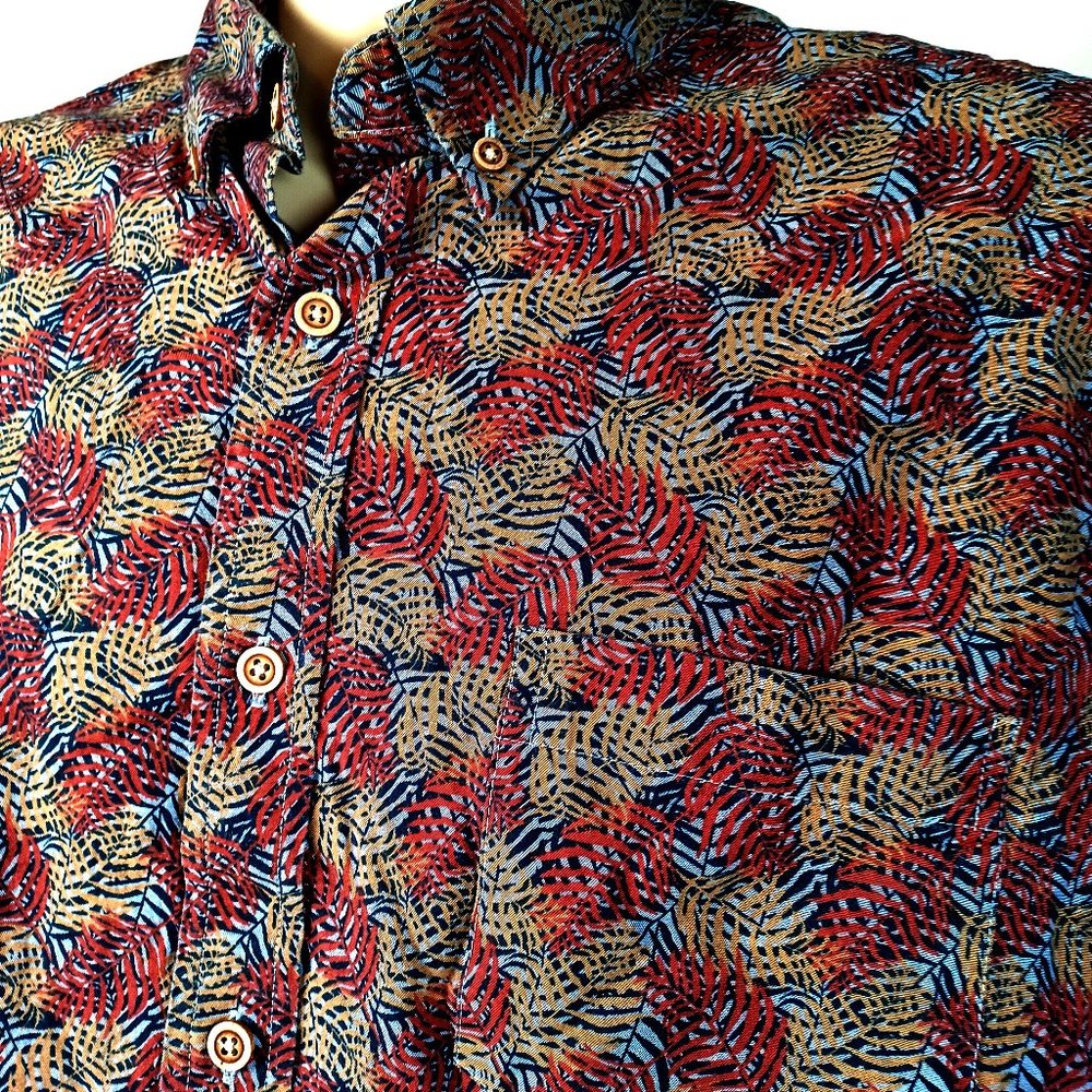 Mens ROWM Floral Shirt Size XL Short Sleeves Tropical Multicolor Rust Button Up